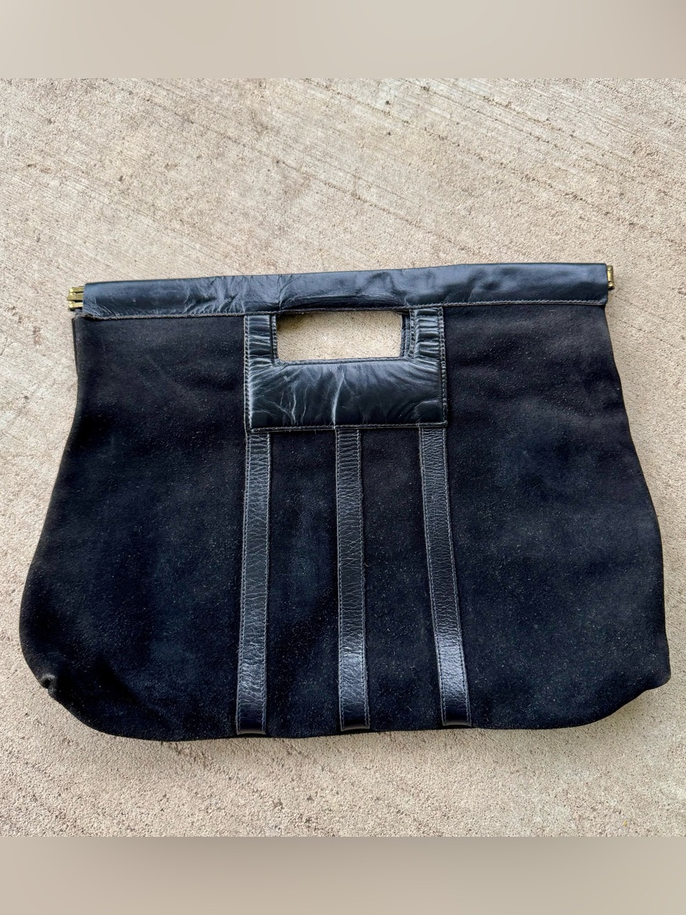 Vintage Large Black Suede Leather Clutch Purse Handbag